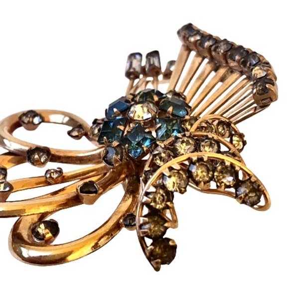 M&S Rhinestone Bow Brooch 1/20 12K Gold Filled Vintage Signed 1950s - Picture 8 of 16